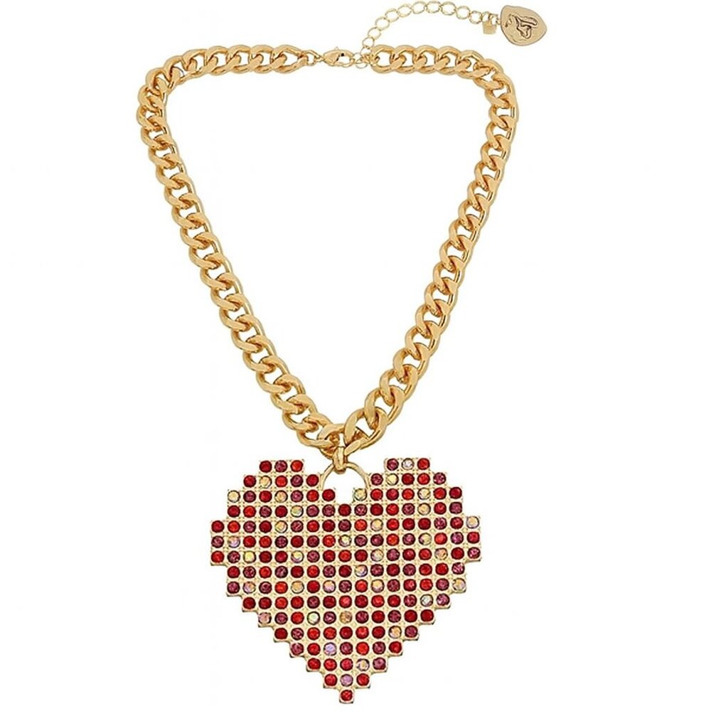 Betsey Johnson Pixel Heart Necklace Pink Red Rhinestones Gold Tone NWT